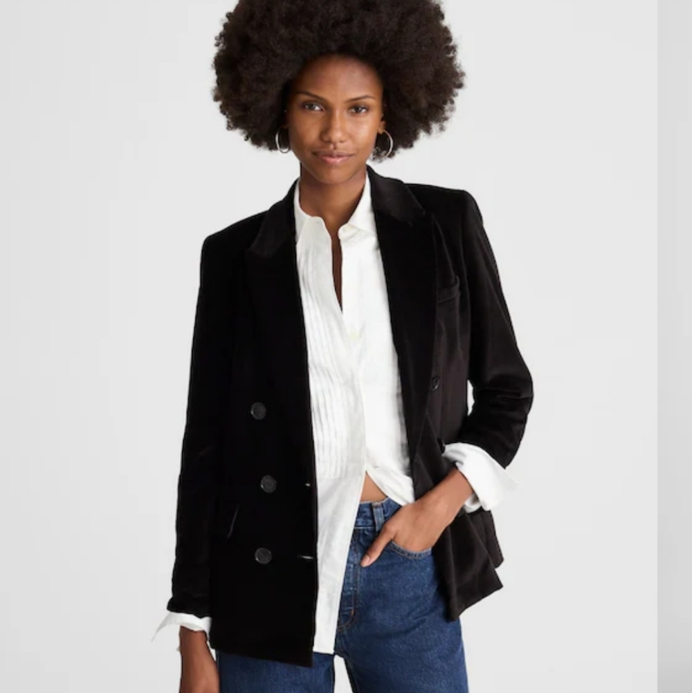 Madewell Peak-Lapel Double-Breasted Blazer in Velvet NY416 Size XXS NWT Black